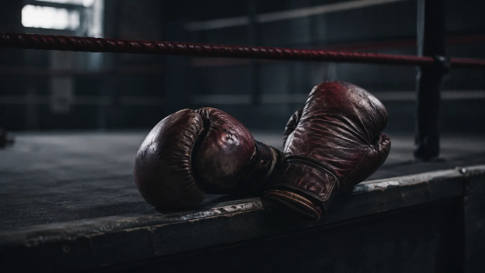 Gants de boxe usés posés sur le rebord d'un ring