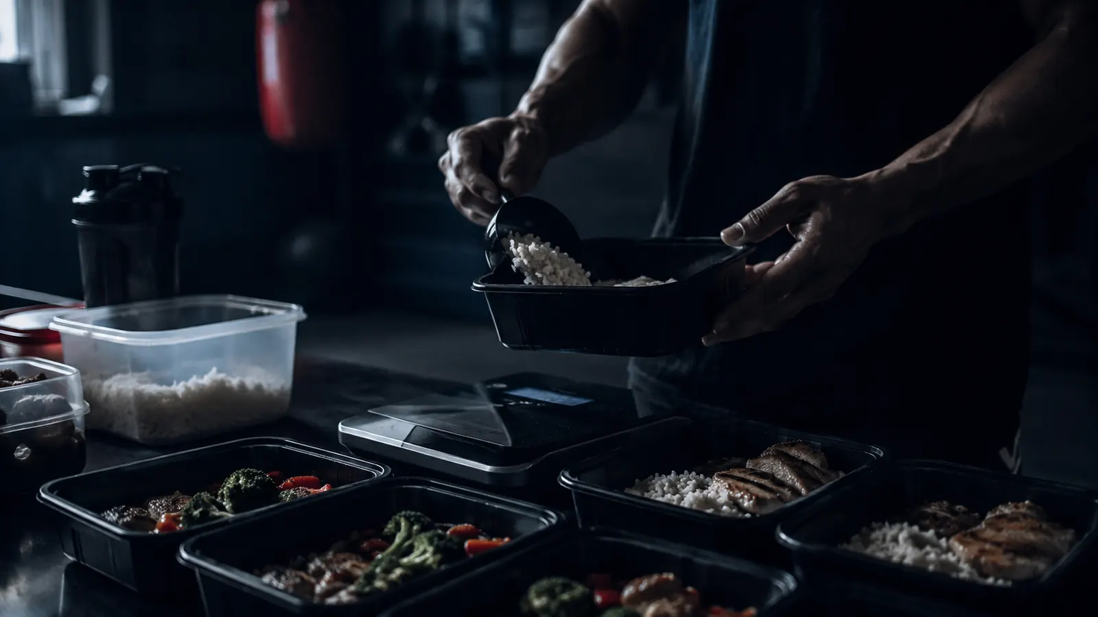 Combattant préparant ses repas en meal prep avec balance alimentaire